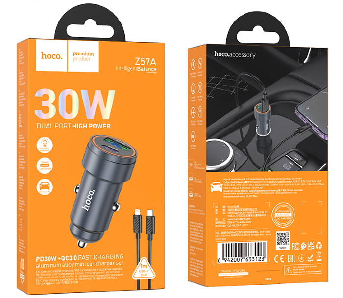Устройство зарядное а/м USB+Type-C  Z57A Glorious PD30W+QC3.0 car charger set(Type-c to IP)