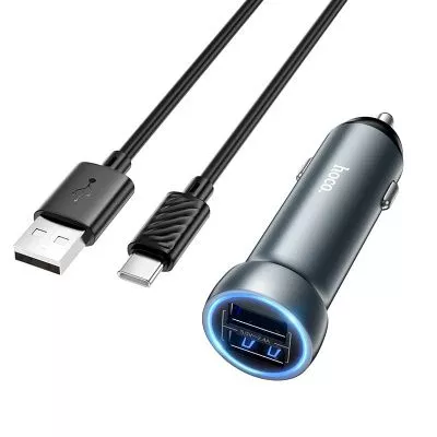 Устройство зарядное а/м + кабель Type-C USB HOCO Z54 2USB 15.5W 2,4A серый металл