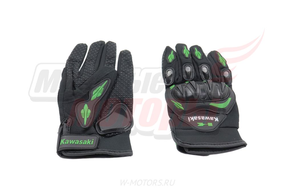 Перчатки мото KAWASAKI (пластик.защита,тыльн.часть-износост.дыш.ткань,ладонь-антискольз.) L