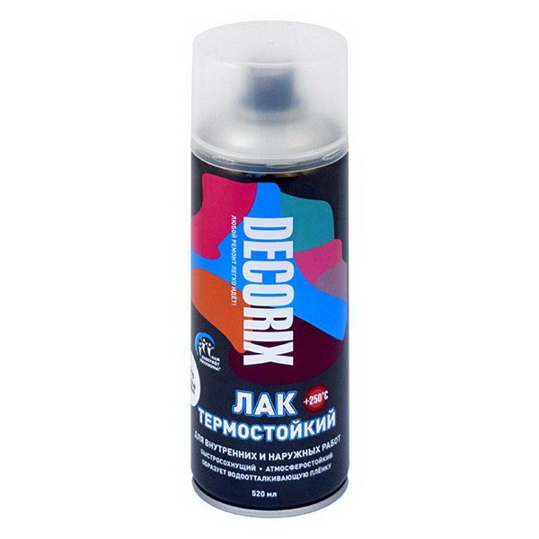 Лак-аэрозоль термостойкий глянц. бесцветный (+250С) 520мл DECORIX