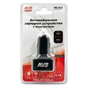 Устройство зарядное а/м универсальное 2USB (3A)  черный с вольтрметром AVS