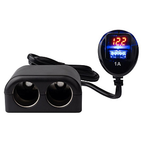 Разветвитель прикур. 2 гнезда с 1USB, индикатор напряжения, с проводом 